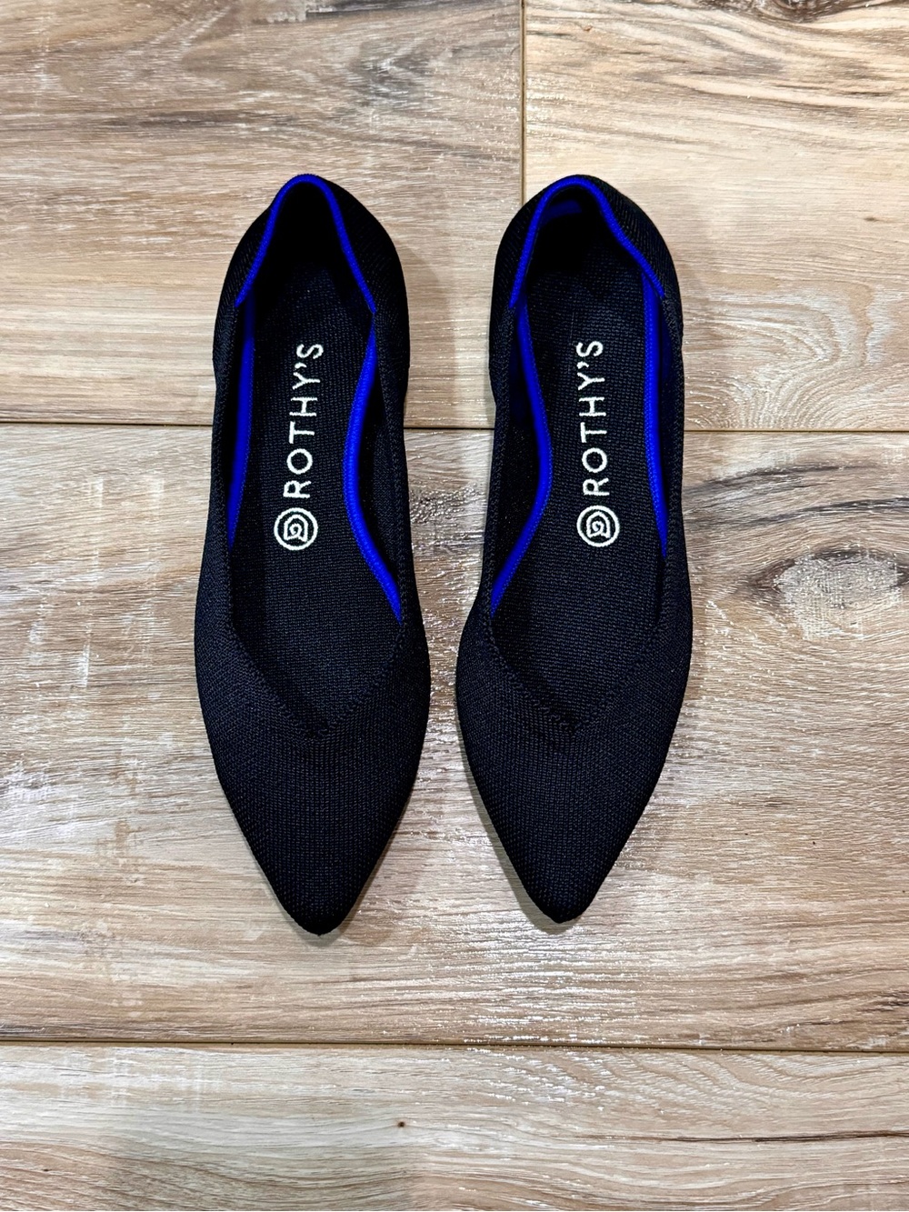 Rothy's Black Pointed Knit Flats with Blue Trim